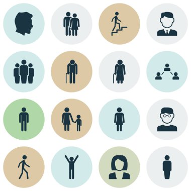 İnsan Icons Set. İş adam, ağ, erkek ve diğer öğeleri koleksiyonu. Ayrıca iş adamı, kadın, iş gibi simgeler içerir.