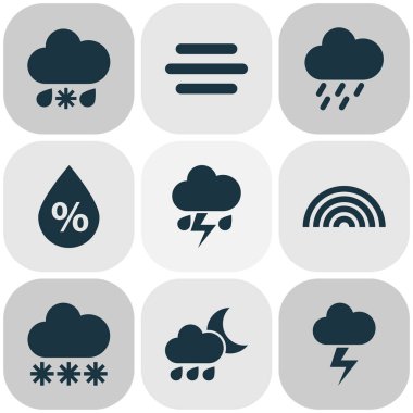 Meteoroloji Icons Set. Islak, her gece, renkleri ve diğer öğeleri koleksiyonu. Ayrıca bulut, renkler, nem gibi simgeler içerir.