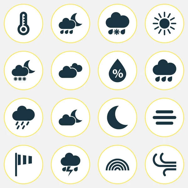 Meteorología Iconos Set. Colección de brisa, lluvia, ducha y otros elementos. También incluye símbolos tales como temperatura, media luna, veleta . — Vector de stock