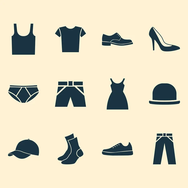 Conjunto de ícones de roupas. Coleção de calças, vestido, trilby e outros elementos. Também inclui símbolos como meias, sapatos, troncos . —  Vetores de Stock