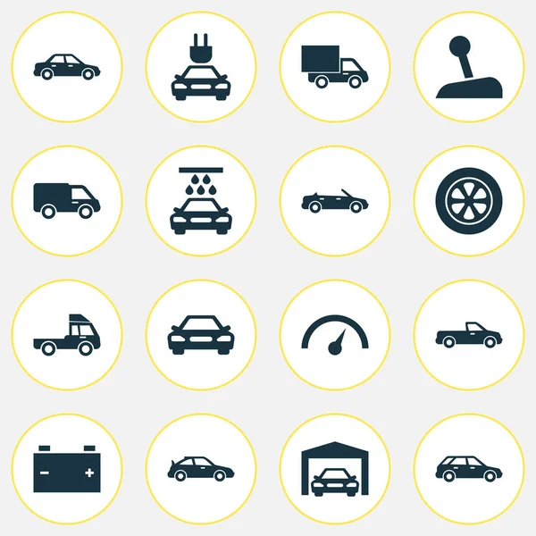 Automatiksymbole gesetzt. Sammlung von Automobilen, Transportreinigung, Reparatur und anderen Elementen. auch Symbole wie Stecker, Reifen, Fließheck. — Stockvektor