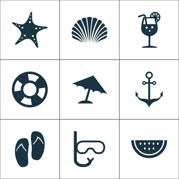 Set de iconos calientes. Colección de melón, parasol, estrella y otros elementos. También incluye símbolos tales como máscara, cáscara, bebida . — Archivo Imágenes Vectoriales