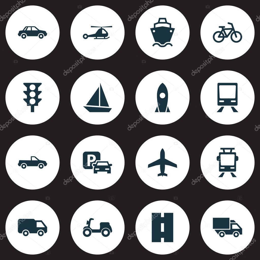 Transport Icons Set. Collection Of Skooter, Way, Cabriolet And Other Elements. Also Includes Symbols Such As Scooter, Highway, Bicycle.