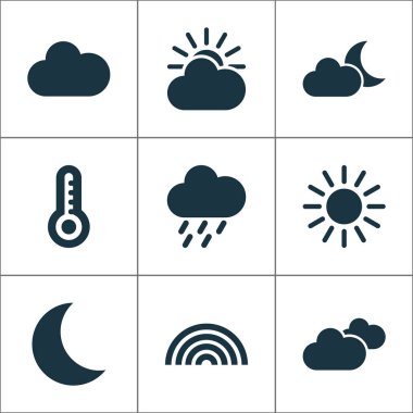 İklim Icons Set. Ay ışığı, sıcaklık, hava durumu ve diğer öğeleri koleksiyonu. Ayrıca, bulut, yağmur, sıcak gibi simgeler içerir.