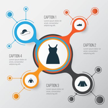 Giysi simgeler kümesi. Elbise, şık şapkalar, şık giyim ve diğer öğeleri koleksiyonu. Ayrıca lastikbotlar, şapka, kadın gibi simgeler içerir.