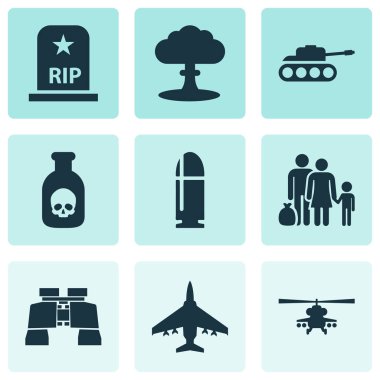 Savaş Icons Set. Cam, Atom, sümüklü böcek ve diğer öğeleri koleksiyonu. Ayrıca dürbün, savaş, helikopter gibi simgeler içerir.