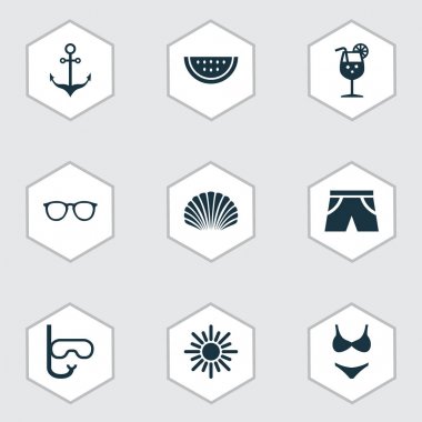 Sıcak Icons Set. Armatür, gözlük, eritme toplama ve diğer öğeler. Ayrıca güneş gözlüğü, güneşli maskesi gibi simgeler içerir.