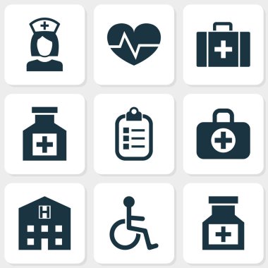 Antibiyotik Icons Set. Mark, Engelli, cerrahi çanta ve diğer öğeleri koleksiyonu. Ayrıca eczane, kesici, sağlık gibi simgeler içerir.