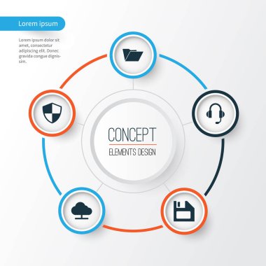 Defter Icons Set. Savunma, ağaç, dosya ve diğer öğeleri koleksiyonu. Ayrıca ağaç, koruma, disket gibi simgeler içerir.