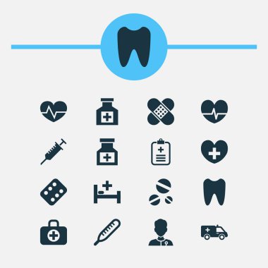 Antibiyotik Icons Set. Ağrı kesici, topluluğu analiz eder, uyuşturucu ve diğer öğeler. Ayrıca darbe, sağlıklı, dayak gibi simgeler içerir.