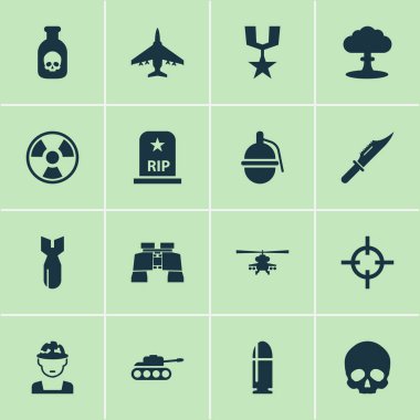 Savaş Icons Set. Kafatası, Atom, hedef ve diğer öğeleri koleksiyonu. Ayrıca dinamit, Kafadericisi, helikopter gibi simgeler içerir.
