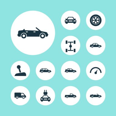 Otomatik Icons Set. Dingil mesafesi, Cabrio modeli, Hatchback ve diğer öğeleri koleksiyonu. Ayrıca araba, otomobil, tekerlek gibi simgeler içerir.