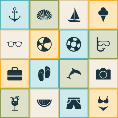 Sıcak Icons Set. Tüp, Bikini, kabuklu ve diğer öğeleri koleksiyonu. Ayrıca deniz, tüp, maske gibi simgeler içerir.