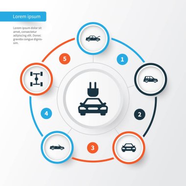 Araba Icons Set. Tak, Cabrio modeli, sabitleme toplama ve diğer öğeler. Ayrıca elektrik, Dingil mesafesi, üstü açık araba gibi simgeler içerir.