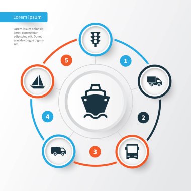 Ulaşım Icons Set. Van, kamyon, trafik ışığı ve diğer öğeleri koleksiyonu. Ayrıca Camion, Omnibus, trafik gibi simgeler içerir.