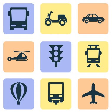 Sevk irsaliyesi Icons Set. Tramvay, tren, uçak ve diğer öğeleri koleksiyonu. Ayrıca uçak, tramvay, uçak gibi simgeler içerir.