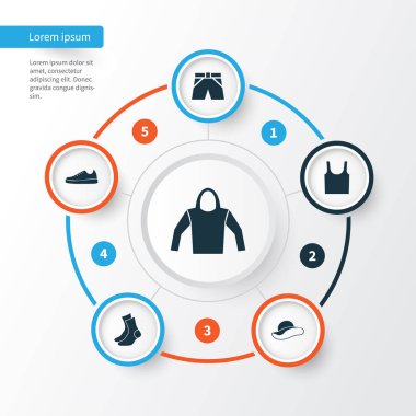 Giysi simgeler kümesi. Mayo koleksiyonu kumaş, kazak, Singlet ve diğer öğeleri. Spor ayakkabı, kapüşonlu, çorap gibi semboller de içerir.