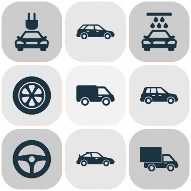 Otomatik Icons Set. Aktarım Temizleme, disk denetimi, tekerlek ve diğer öğeleri koleksiyonu. Ayrıca su, tekerlek, kamyon gibi simgeler içerir.