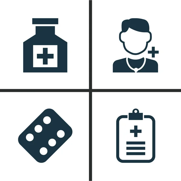 Antibiotikum ikoner Set. Samling av analyser, läkare, smärtstillande medel och andra element. Innehåller också symboler som analyserar, relieveren, Data. — Stock vektor