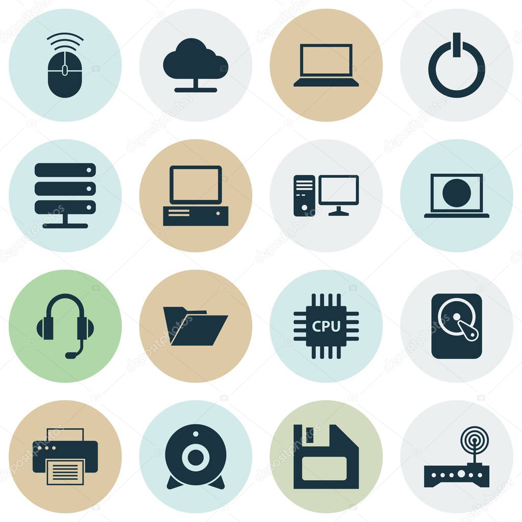Computer Icons Set. Collection Of Web, Personal Computer, Database And Other Elements. Also Includes Symbols Such As Folder, Cpu, Wifi.