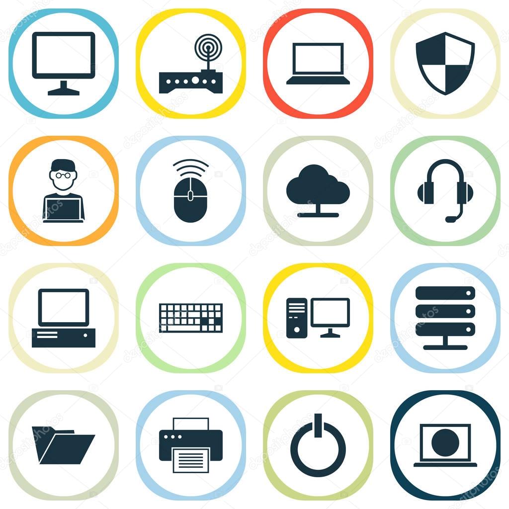 Computer Icons Set. Collection Of Printing Machine, Personal Computer, Computer Mouse And Other Elements. Also Includes Symbols Such As Start, Programmer, Power.