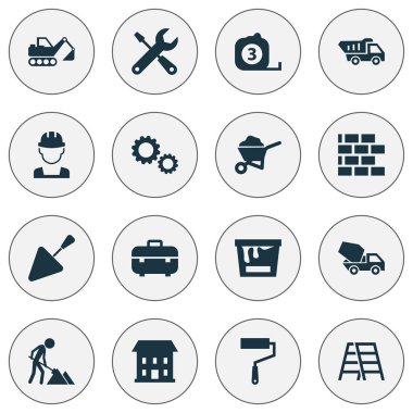 Sanayi Icons Set. Dişli, taşıma arabası, merdiven ve diğer öğeleri koleksiyonu. Ayrıca, ölçü birimi, el arabası, Can gibi simgeler içerir.
