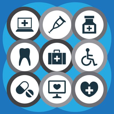 Uyuşturucu Icons Set. Heal, göğüs, hap ve diğer öğeleri koleksiyonu. Ayrıca tanı, geçersiz, diş gibi simgeler içerir.