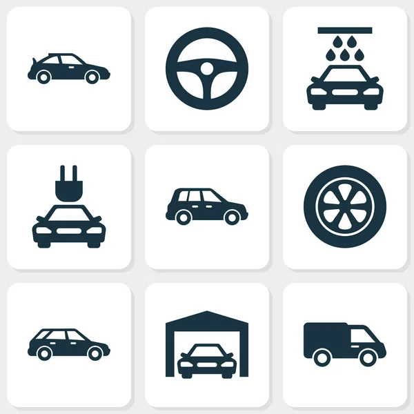 Set di icone automatiche. Raccolta di ruote, auto, riparazione e altri elementi. Include anche simboli come crossover, camion, garage . — Vettoriale Stock