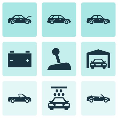 Araba Icons Set. Hatchback, taşıma, sabitleme toplama ve diğer öğeler. Ayrıca Cabrio, sopa, sabitleme gibi sembolleri içerir.
