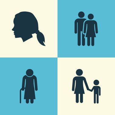 Kişi simgeler kümesi. Aile, yaşlı kadın, Sevgililer ve diğer öğeleri koleksiyonu. Ayrıca çocuk, büyükanne, kafa gibi simgeler içerir.