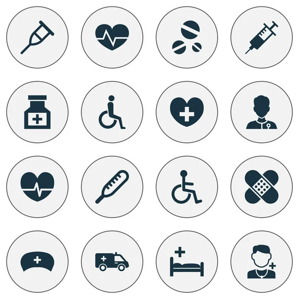 Drogen ikoner Set. Samling för polikliniken, rytm, läka och andra element. Innehåller också symboler såsom medicin, spruta, stetoskop. — Stock vektor