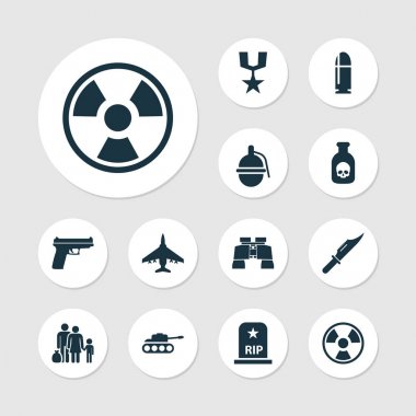 Savaş Icons Set. Sülük, sipariş, RIP ve diğer öğeleri koleksiyonu. Ayrıca insanlar, mekanizma, bomba gibi simgeler içerir.