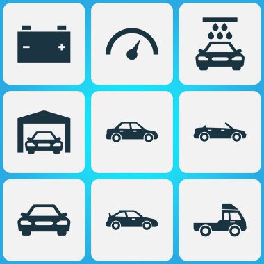Otomobil Icons Set. Tamir, akümülatör, kronometre ve diğer öğeleri koleksiyonu. Ayrıca araba, hız göstergesi, otomobil gibi simgeler içerir.