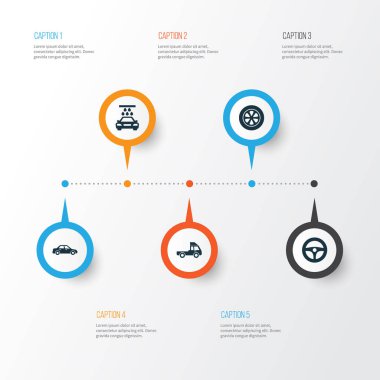 Otomatik Icons Set. Sürücü kumanda, tekerlek, Van ve diğer öğeleri koleksiyonu. Ayrıca su, tekerlek, yıkama gibi simgeler içerir.