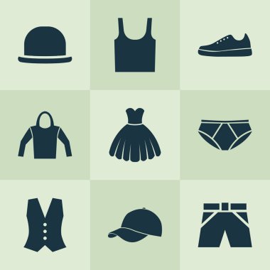 Giysi simgeler kümesi. Singlet, fötr, özetleri ve diğer öğeleri koleksiyonu. Ayrıca Hoodie, Singlet, külot gibi simgeler içerir.