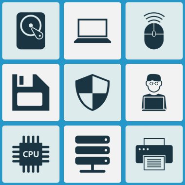 Bilgisayar simgeleri ayarlayın. Savunma, dizüstü bilgisayar, baskı makinesi ve diğer öğeleri koleksiyonu. Ayrıca depolama, Cpu, Hdd gibi simgeler içerir.
