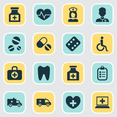 Tıp Icons Set. İlk yardım, pençe, cerrahi çanta ve diğer öğeleri koleksiyonu. Ayrıca darbe, veritabanı, ağrı kesici gibi simgeler içerir.