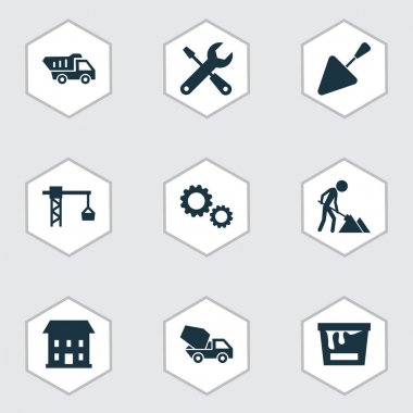 Mimari Icons Set. Çimento araç, ev, Spatula ve diğer öğeleri koleksiyonu. Ayrıca kanca, Mikser, mala gibi simgeler içerir.