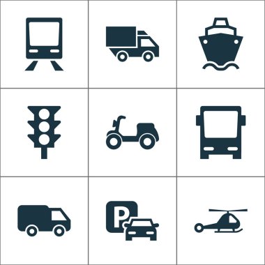 Sevk irsaliyesi Icons Set. Tanker, otobüs, kamyon ve diğer öğeleri koleksiyonu. Ayrıca tren, trafik, trafik ışığı gibi simgeler içerir.