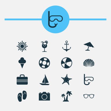 Güneş Icons Set. Armatür, forseps, tatlılar ve diğer öğeleri koleksiyonu. Ayrıca avuç içi, Star, daire gibi simgeler içerir.