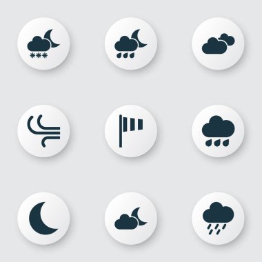 İklim Icons Set. Bayrak, hava durumu, pislik ve diğer öğeleri koleksiyonu. Ayrıca Vane, hava durumu, duş gibi simgeler içerir.