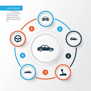 Otomobil Icons Set. Otomobil, Oto, taşıma ve diğer öğeleri koleksiyonu. Ayrıca kolu, dişli, pikap gibi simgeler içerir.