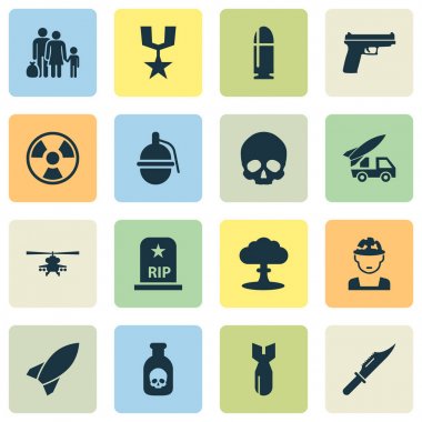 Savaş Icons Set. Kaçak, silahlar, tehlikeli ve diğer öğeleri koleksiyonu. Ayrıca bıçak, mezar, sipariş gibi simgeler içerir.