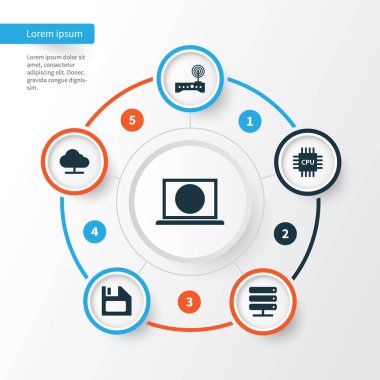 Defter Icons Set. Disket, anakart, Web ve diğer öğeleri koleksiyonu. Ayrıca ağaç, Web, yönlendirici gibi simgeler içerir.