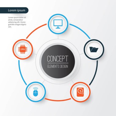 Defter Icons Set. Anakart, Hdd, dosya ve diğer öğeleri koleksiyonu. Ayrıca dosya, Disk, ekran gibi simgeler içerir.