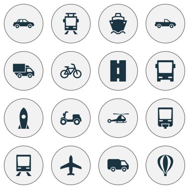 Ulaşım Icons Set. Kamyon, Skooter, Bisiklet ve diğer öğeleri koleksiyonu. Ayrıca otomatik, helikopter, patron gibi simgeler içerir.