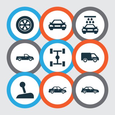Otomobil Icons Set. Aktarım Temizleme, taşıma, Crossover ve diğer öğeleri koleksiyonu. Ayrıca tekerlekli, spor, araba gibi simgeler içerir.