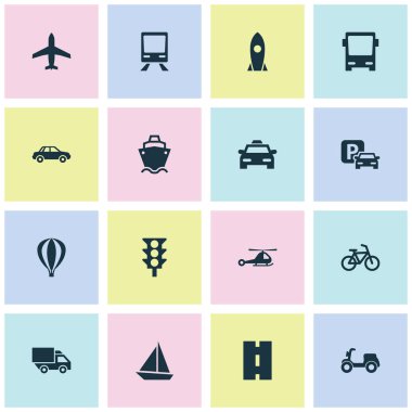 Taşıma simgeler kümesi. Bisiklet, trafik ışığı, yol işaret ve diğer öğeleri koleksiyonu. Ayrıca yol, Araba, otobüs gibi simgeler içerir.