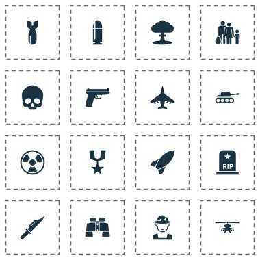 Savaş Icons Set. Sülük, ordu, silah ve diğer öğeleri koleksiyonu. Ayrıca tehlike, bomba, Oficer gibi simgeler içerir.