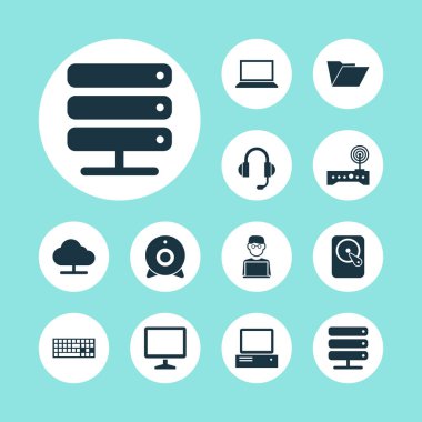 Dizüstü bilgisayar simgeler kümesi. Veritabanı, dosya, yönlendirici ve diğer öğeleri koleksiyonu. Ayrıca Hdd, klasör, Laptop gibi simgeler içerir.